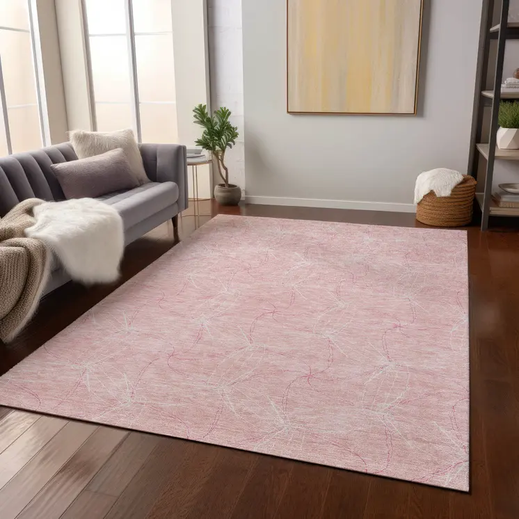 9' X 12' Pink And Ivory Geometric Washable Indoor Outdoor Area Rug