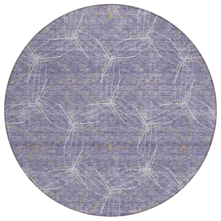 8' Purple And Ivory Round Geometric Washable Indoor Outdoor Area Rug