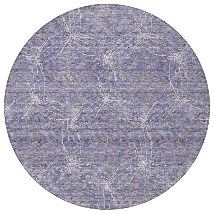 8' Purple And Ivory Round Geometric Washable Indoor Outdoor Area Rug