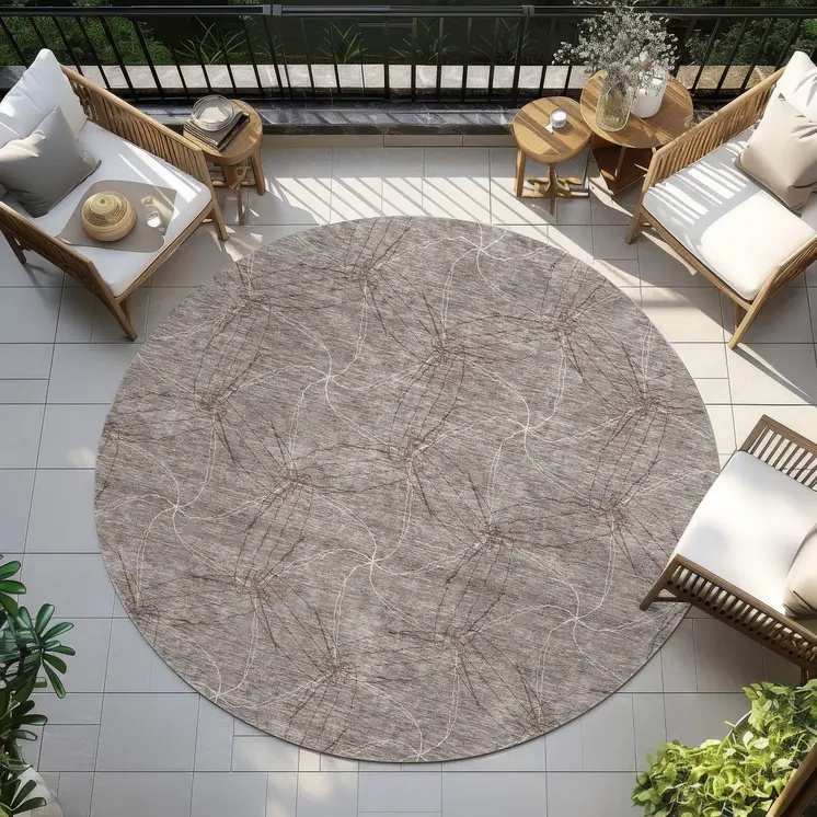 8' Taupe And Ivory Round Geometric Washable Indoor Outdoor Area Rug