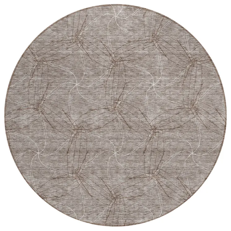 8' Taupe And Ivory Round Geometric Washable Indoor Outdoor Area Rug