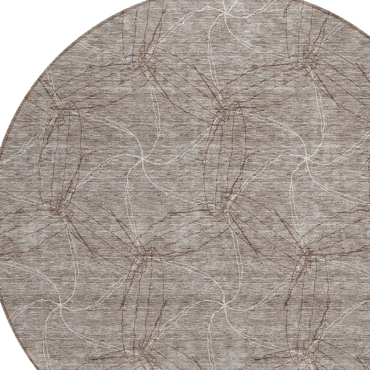 8' Taupe And Ivory Round Geometric Washable Indoor Outdoor Area Rug