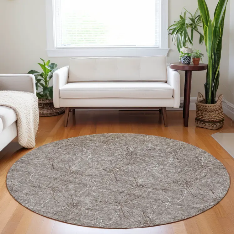 8' Taupe And Ivory Round Geometric Washable Indoor Outdoor Area Rug