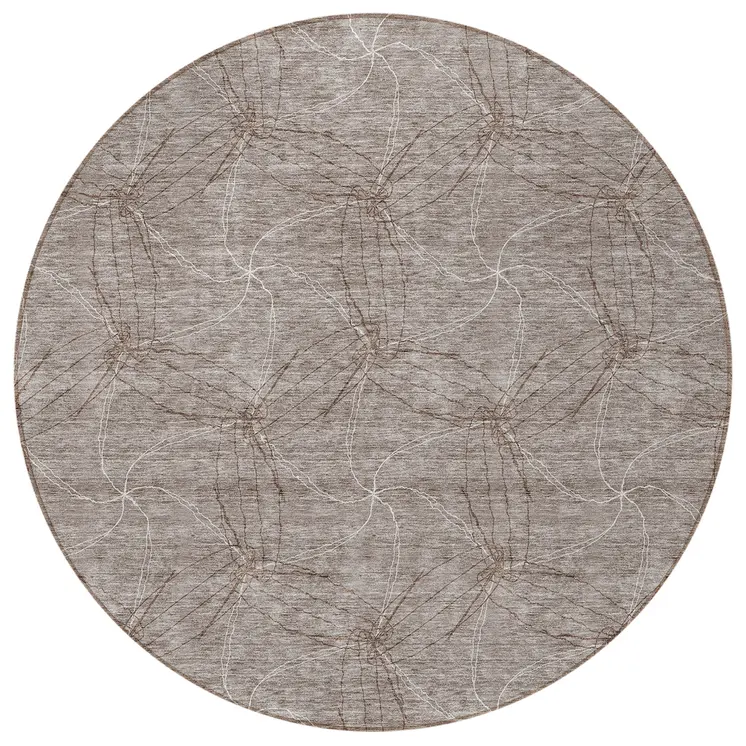 8' Taupe And Ivory Round Geometric Washable Indoor Outdoor Area Rug