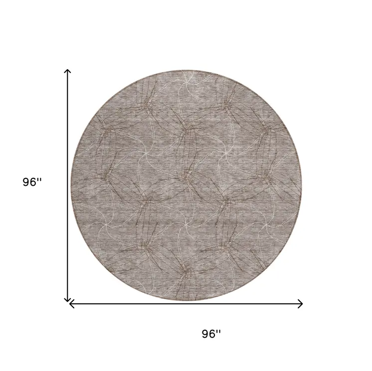 8' Taupe And Ivory Round Geometric Washable Indoor Outdoor Area Rug