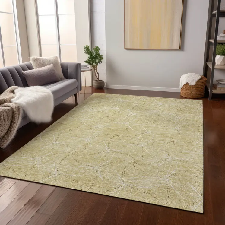 3' X 5' Wheat And Ivory Geometric Washable Indoor Outdoor Area Rug
