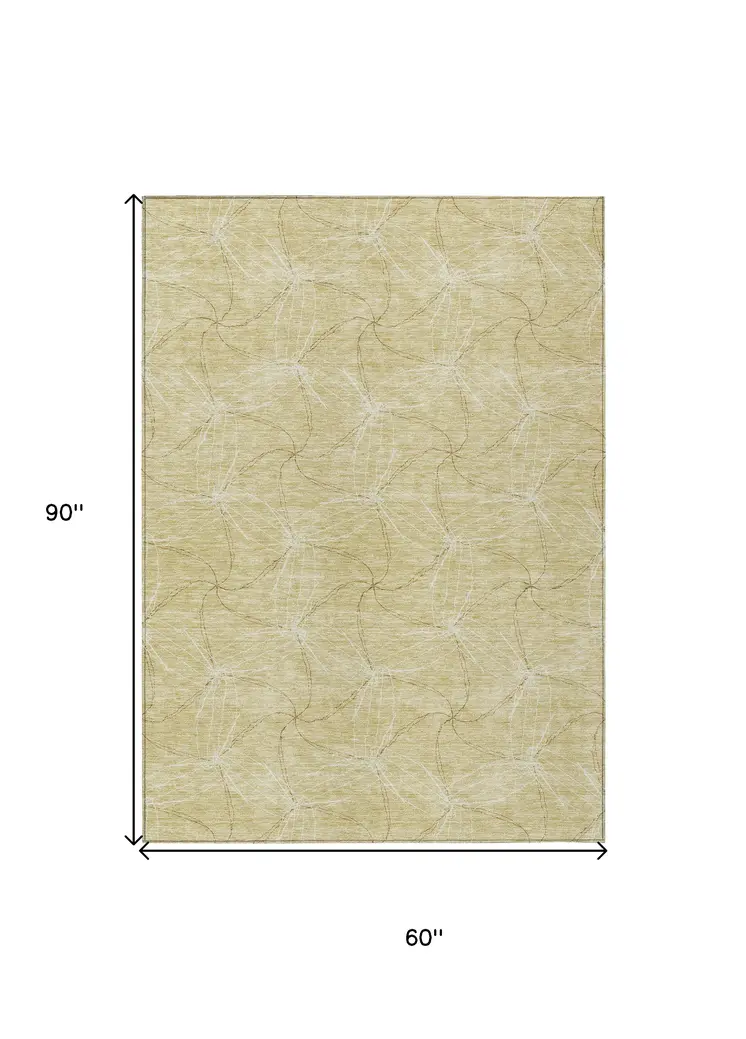 5' X 8' Wheat And Ivory Geometric Washable Indoor Outdoor Area Rug