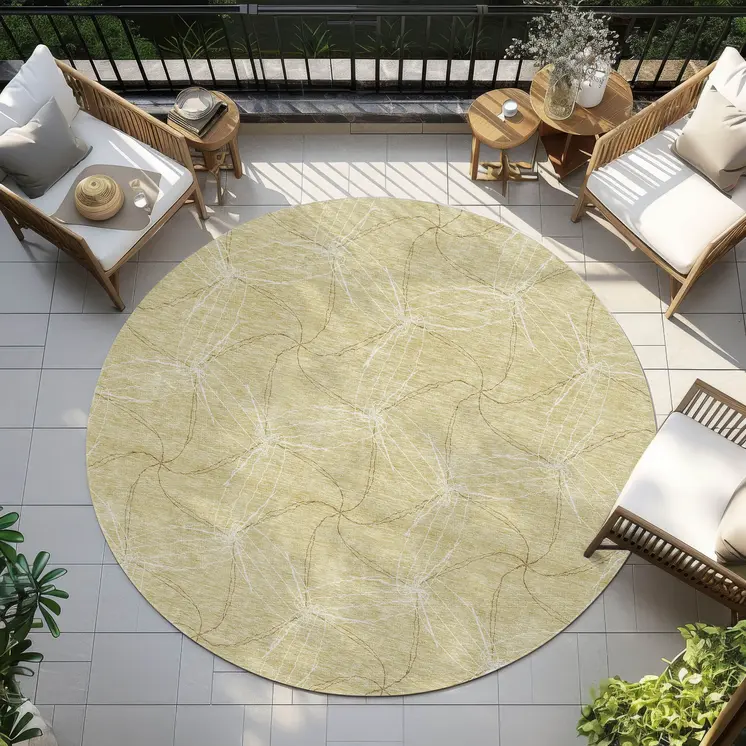 8' Wheat And Ivory Round Geometric Washable Indoor Outdoor Area Rug