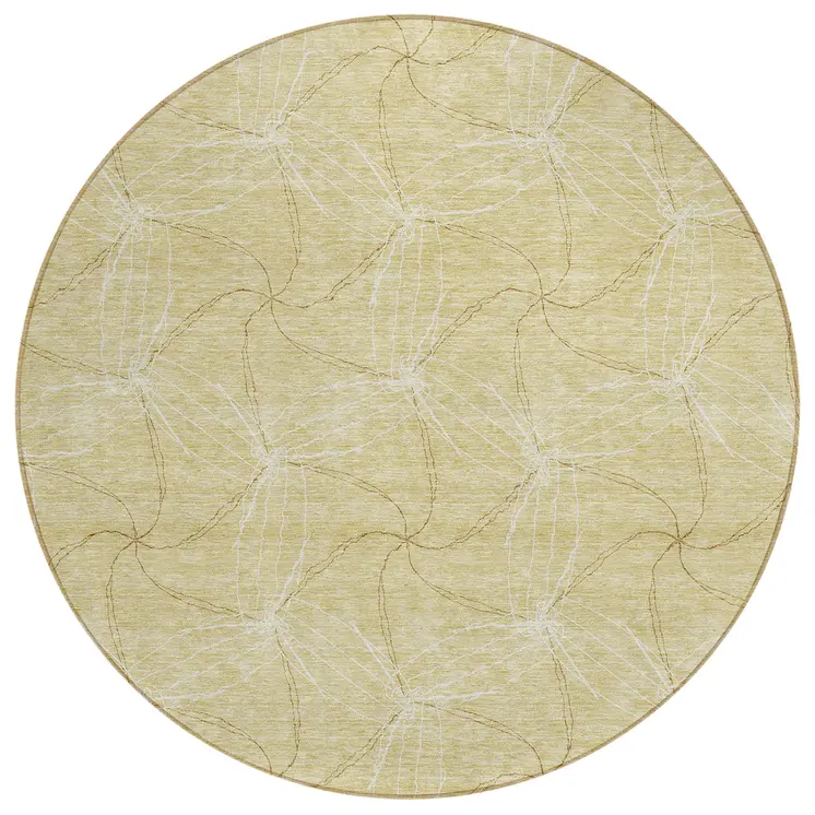 8' Wheat And Ivory Round Geometric Washable Indoor Outdoor Area Rug