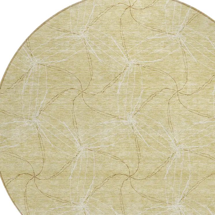 8' Wheat And Ivory Round Geometric Washable Indoor Outdoor Area Rug