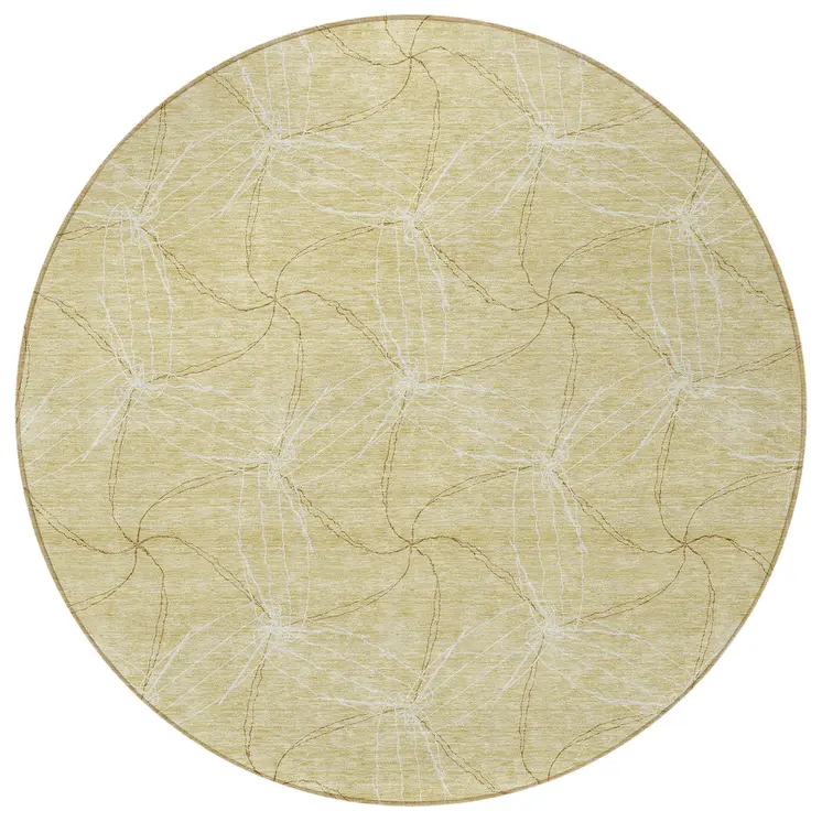 8' Wheat And Ivory Round Geometric Washable Indoor Outdoor Area Rug