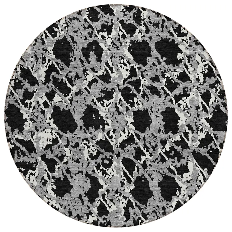 8' Black And Gray Round Abstract Washable Indoor Outdoor Area Rug