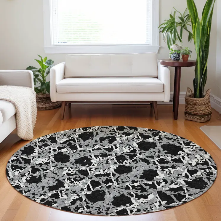 8' Black And Gray Round Abstract Washable Indoor Outdoor Area Rug