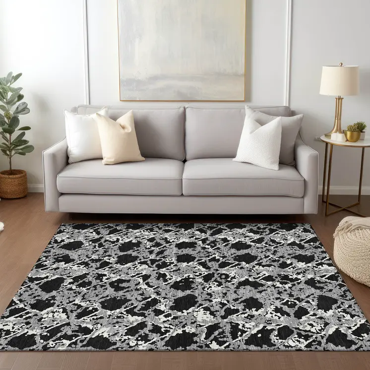 9' X 12' Black And Gray Abstract Washable Indoor Outdoor Area Rug