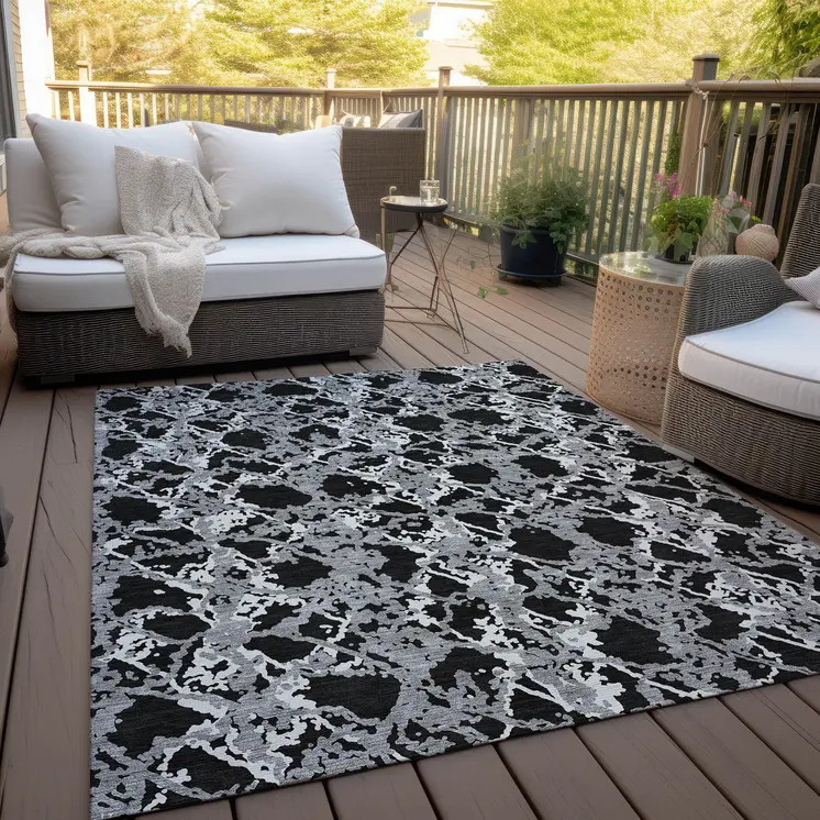 9' X 12' Black And Gray Abstract Washable Indoor Outdoor Area Rug