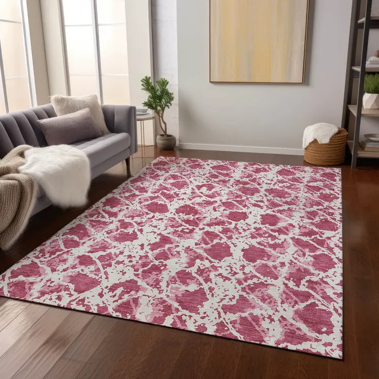 3' X 5' Blush And Ivory Abstract Washable Indoor Outdoor Area Rug