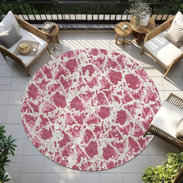 8' Blush And Ivory Round Abstract Washable Indoor Outdoor Area Rug