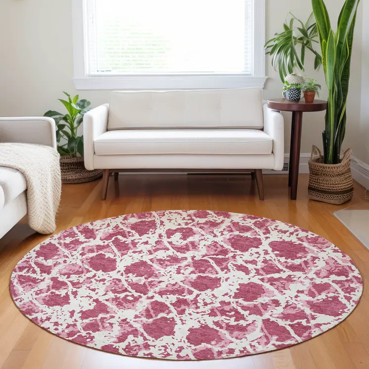 8' Blush And Ivory Round Abstract Washable Indoor Outdoor Area Rug