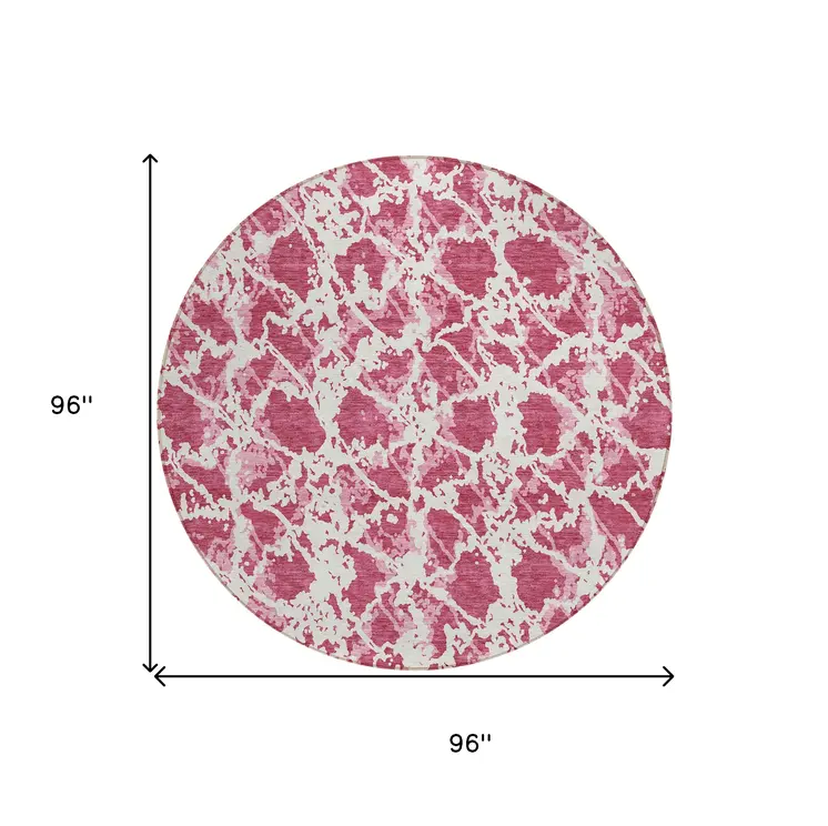 8' Blush And Ivory Round Abstract Washable Indoor Outdoor Area Rug