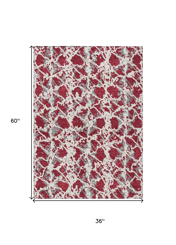 3' X 5' Burgundy And Ivory Abstract Washable Indoor Outdoor Area Rug