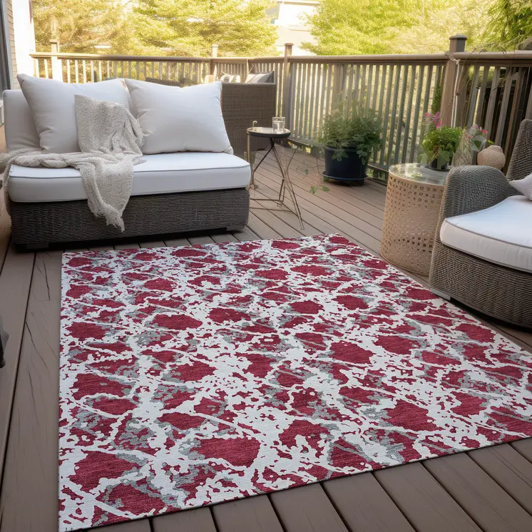 5' X 8' Burgundy And Ivory Abstract Washable Indoor Outdoor Area Rug
