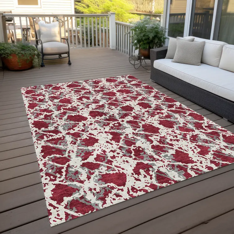 10' X 14' Burgundy And Ivory Abstract Washable Indoor Outdoor Area Rug
