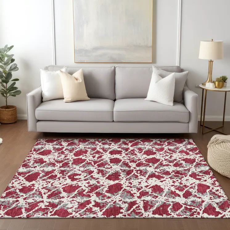 10' X 14' Burgundy And Ivory Abstract Washable Indoor Outdoor Area Rug