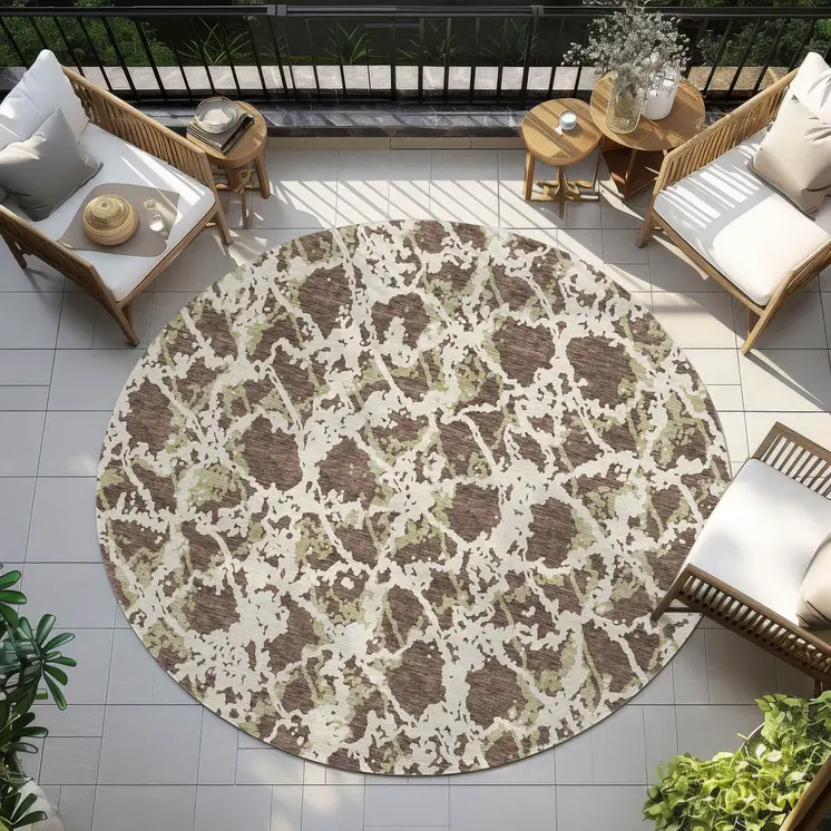 8' Brown And Ivory Round Abstract Washable Indoor Outdoor Area Rug