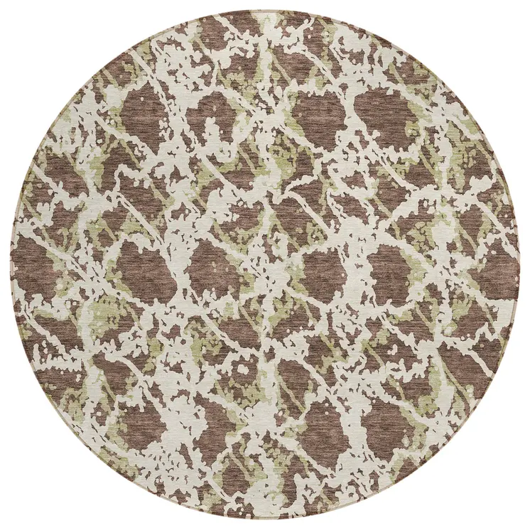 8' Brown And Ivory Round Abstract Washable Indoor Outdoor Area Rug
