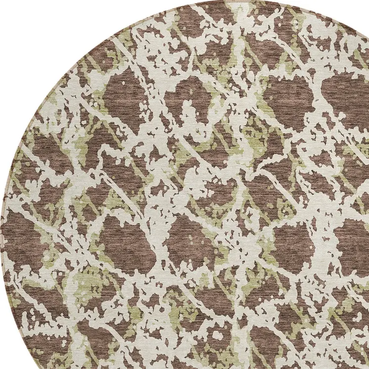 8' Brown And Ivory Round Abstract Washable Indoor Outdoor Area Rug