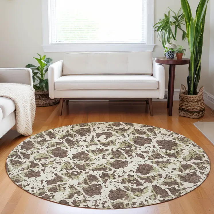 8' Brown And Ivory Round Abstract Washable Indoor Outdoor Area Rug