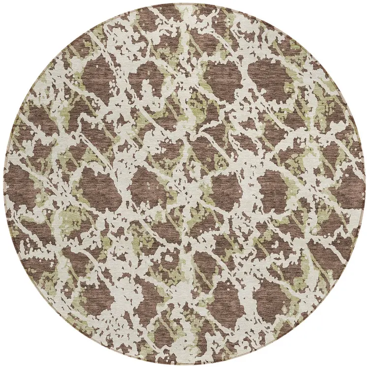 8' Brown And Ivory Round Abstract Washable Indoor Outdoor Area Rug