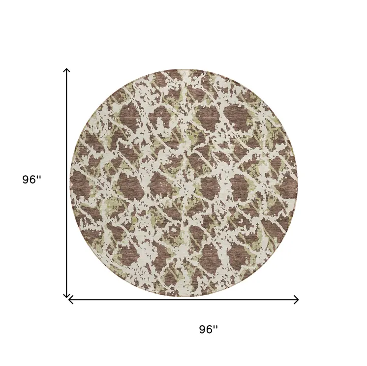 8' Brown And Ivory Round Abstract Washable Indoor Outdoor Area Rug