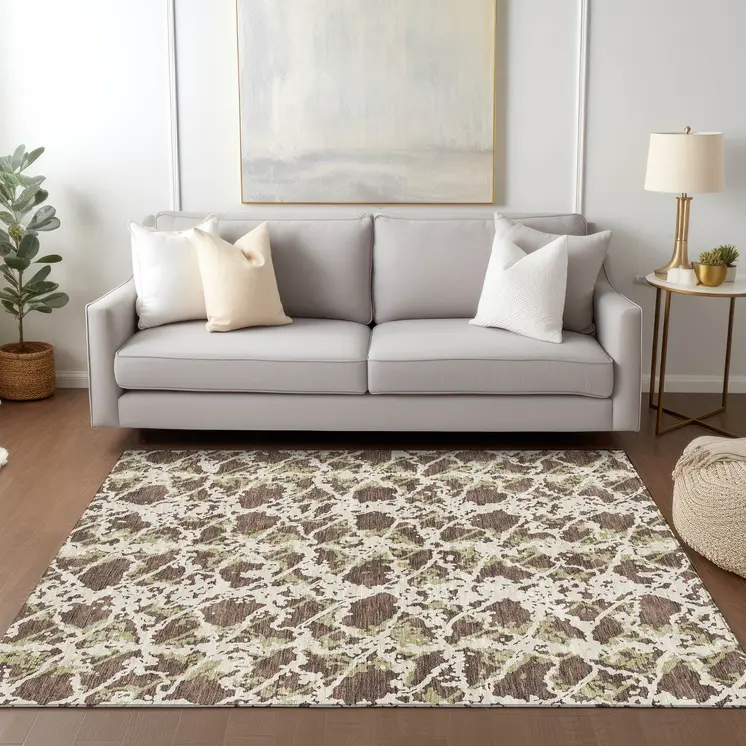 10' X 14' Brown And Ivory Abstract Washable Indoor Outdoor Area Rug