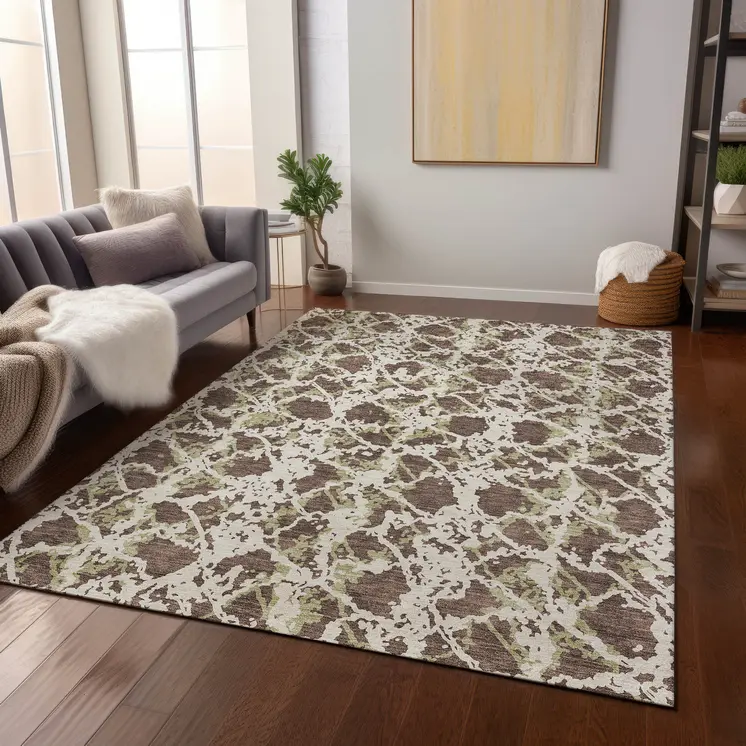 10' X 14' Brown And Ivory Abstract Washable Indoor Outdoor Area Rug