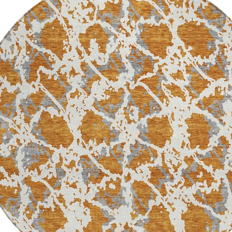 8' Copper And Ivory Round Abstract Washable Indoor Outdoor Area Rug