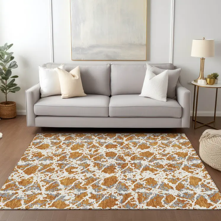 8' X 10' Copper And Ivory Abstract Washable Indoor Outdoor Area Rug