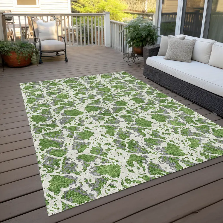 3' X 5' Green And Ivory Abstract Washable Indoor Outdoor Area Rug