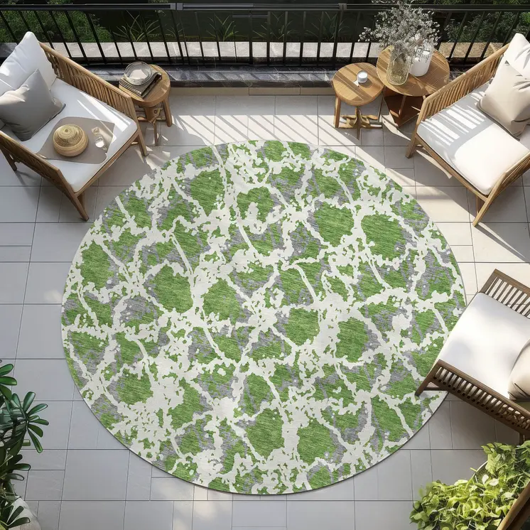 8' Green And Ivory Round Abstract Washable Indoor Outdoor Area Rug
