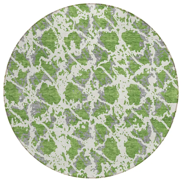8' Green And Ivory Round Abstract Washable Indoor Outdoor Area Rug