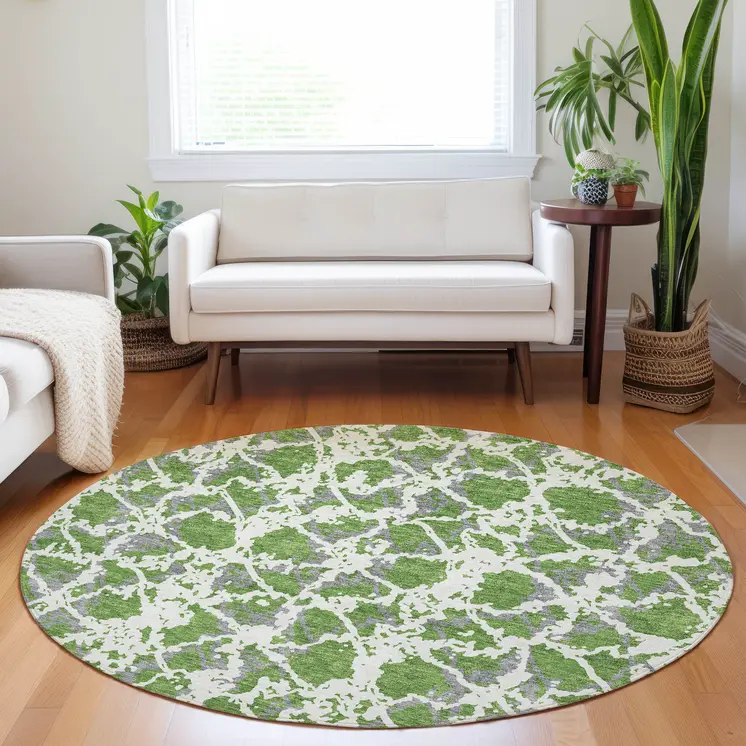 8' Green And Ivory Round Abstract Washable Indoor Outdoor Area Rug