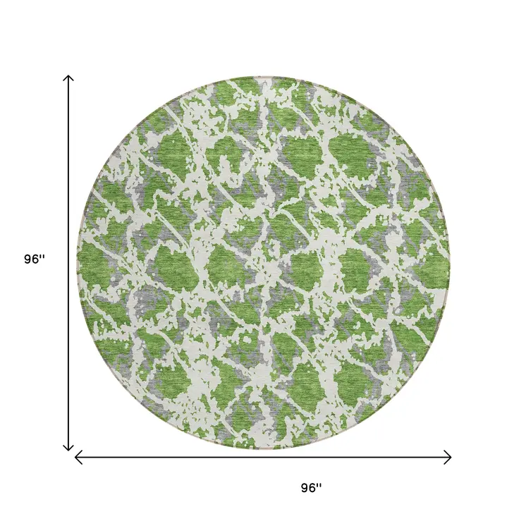 8' Green And Ivory Round Abstract Washable Indoor Outdoor Area Rug