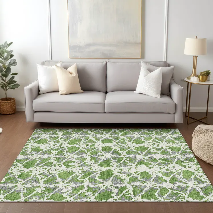 8' X 10' Green And Ivory Abstract Washable Indoor Outdoor Area Rug