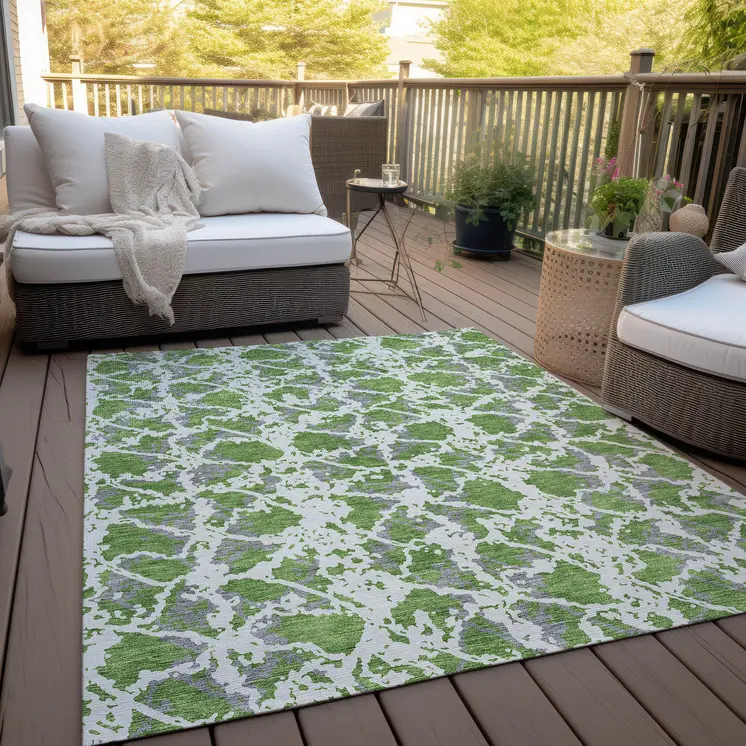 8' X 10' Green And Ivory Abstract Washable Indoor Outdoor Area Rug