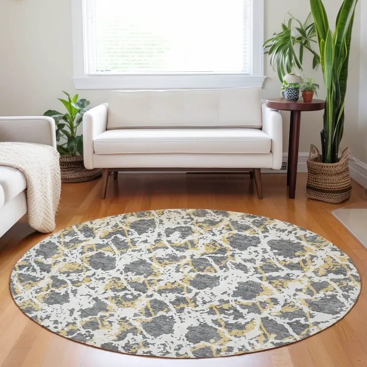 8' Gray And Ivory Round Abstract Washable Indoor Outdoor Area Rug