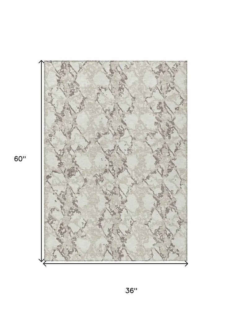 3' X 5' Ivory And Taupe Abstract Washable Indoor Outdoor Area Rug