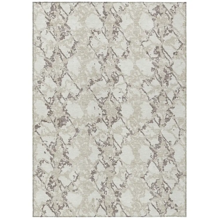 3' X 5' Ivory And Taupe Abstract Washable Indoor Outdoor Area Rug