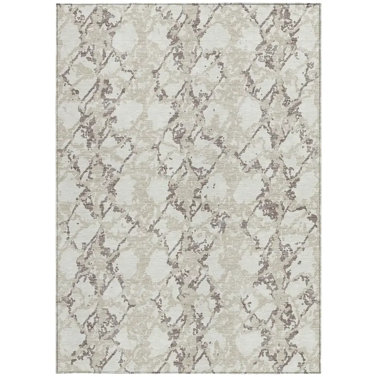 3' X 5' Ivory And Taupe Abstract Washable Indoor Outdoor Area Rug