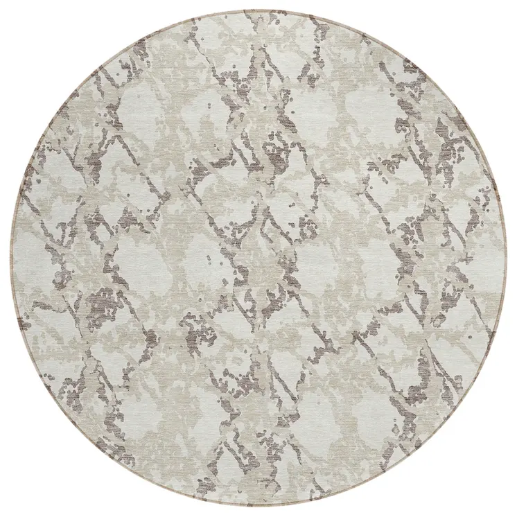8' Ivory And Taupe Round Abstract Washable Indoor Outdoor Area Rug