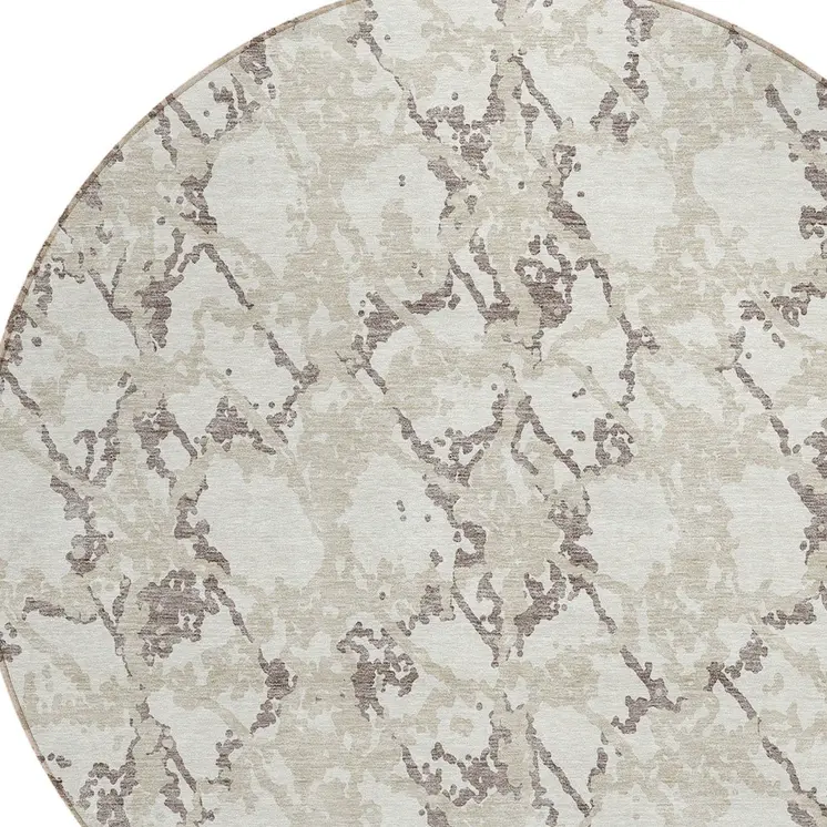 8' Ivory And Taupe Round Abstract Washable Indoor Outdoor Area Rug